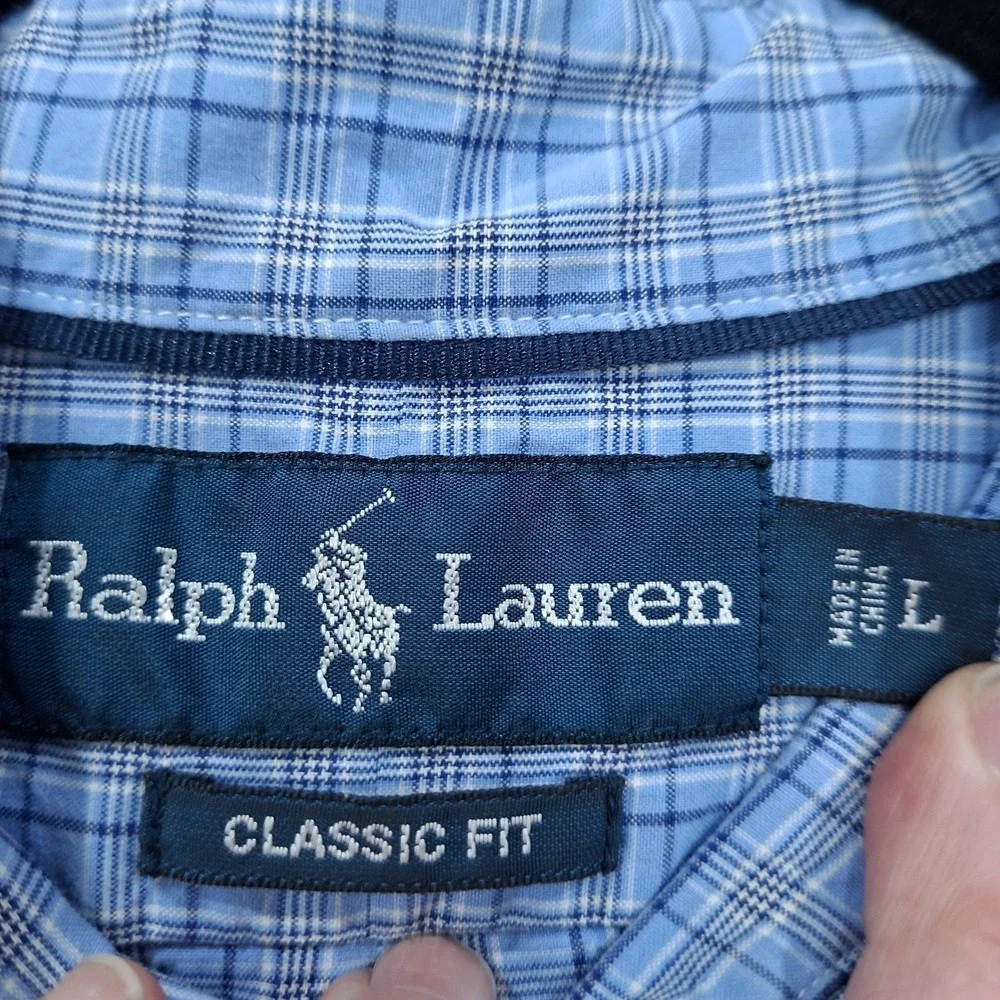 Ralph Lauren Classic Fit Men Size Large Blue/White Plaid Button Up Shirt‎ Pony